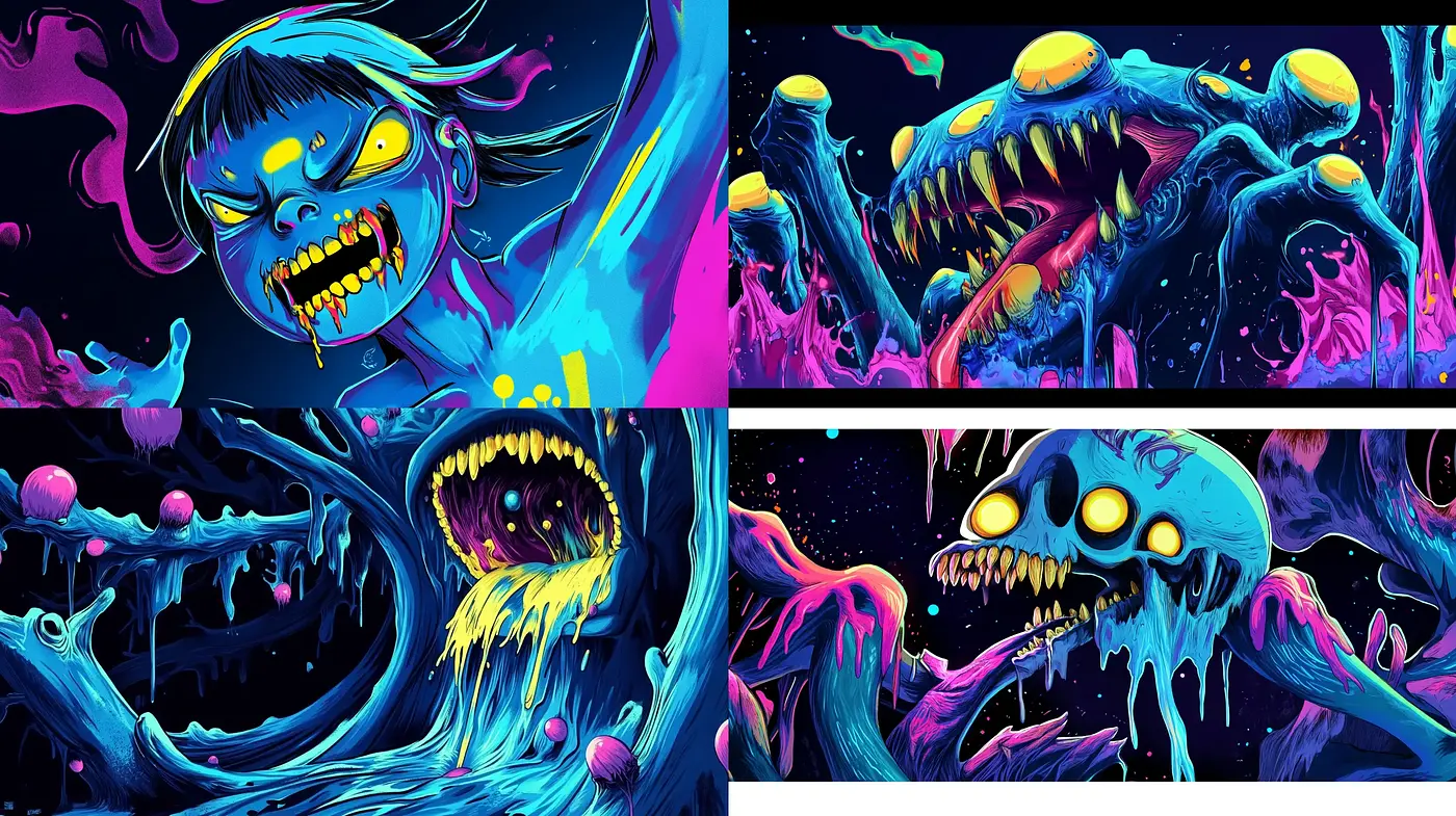 Neon Nightmare: A Fusion of Surreal Horror and Vibrant Street Art - Midjourney sref style
