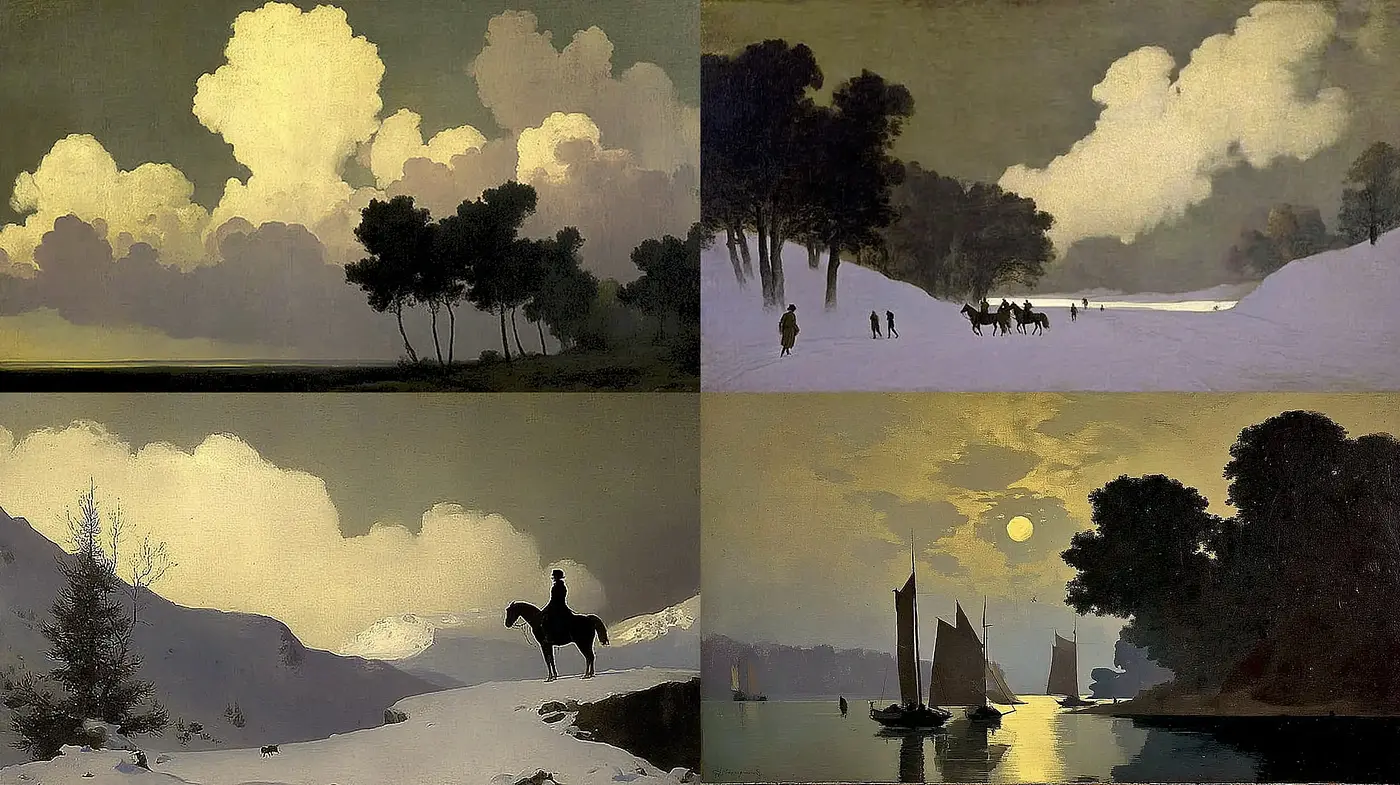 Serene and Timeless Landscapes with Dramatic Clouds and Reflections - Midjourney sref style