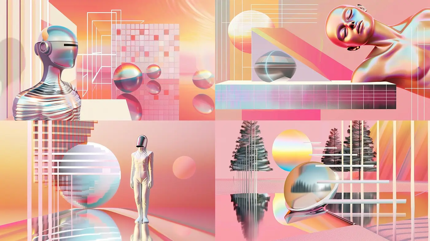 Synthetic Sunset Dreamscape: A Fusion of Pastel Cybernetics and Surrealist Landscapes - Midjourney sref style