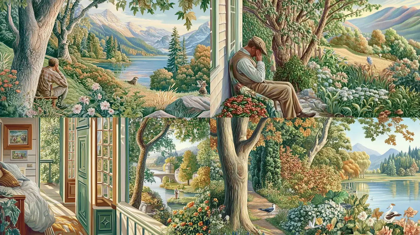 Tranquil Pastoral Dreamscapes with Lush Coloration and Detailed Nature Elements - Midjourney sref style