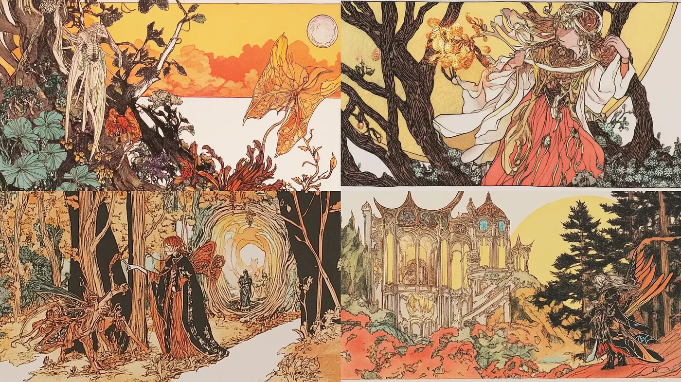Ethereal Autumnal Elegance with Fantasy Art Nouveau Influences - Midjourney sref style