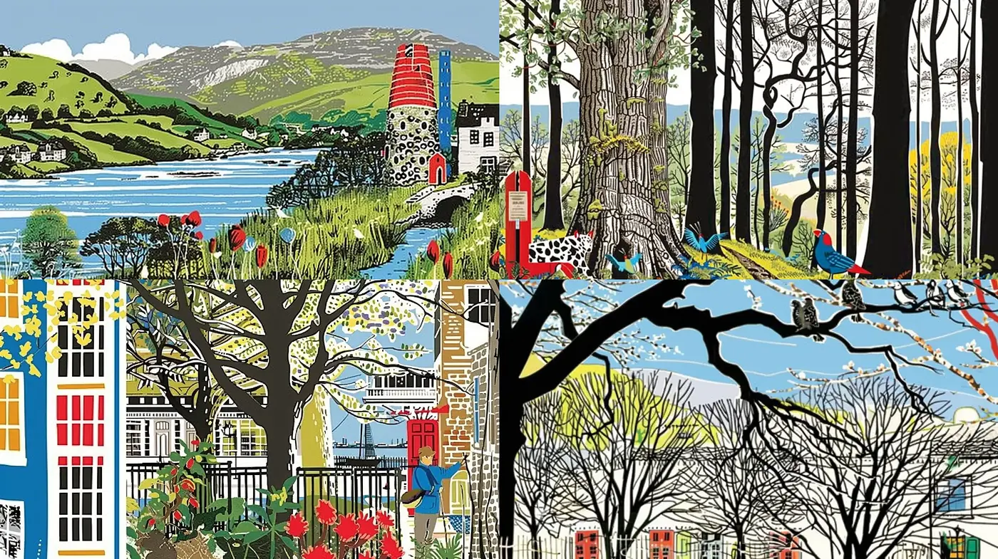 Serene Landscapes and Lively Blossoms in Stylized Graphic Realism - Midjourney sref style