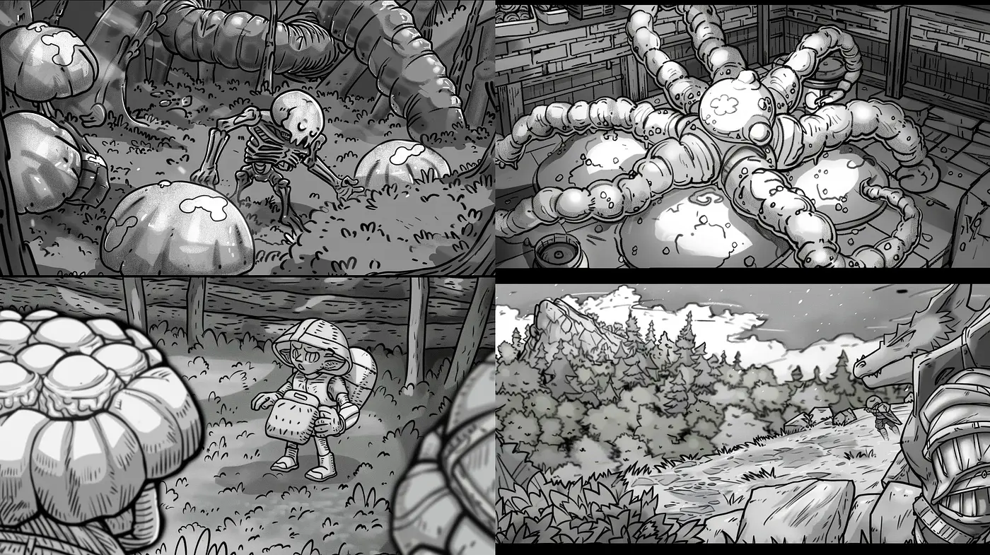 Monochromatic Fantasy: Intricate Inked Escapades in Grey-Scale - Midjourney sref style