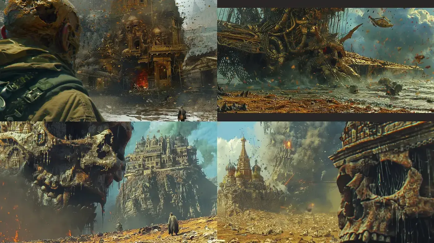 Apocalyptic Visions in Warm Sepia: A Surreal Fusion of Ruins and Futurism - Midjourney sref style