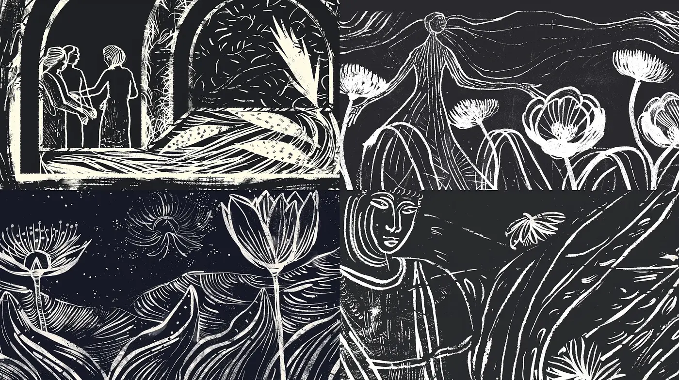 Ethereal Nocturnal Woodcut Dreamscape - Midjourney sref style