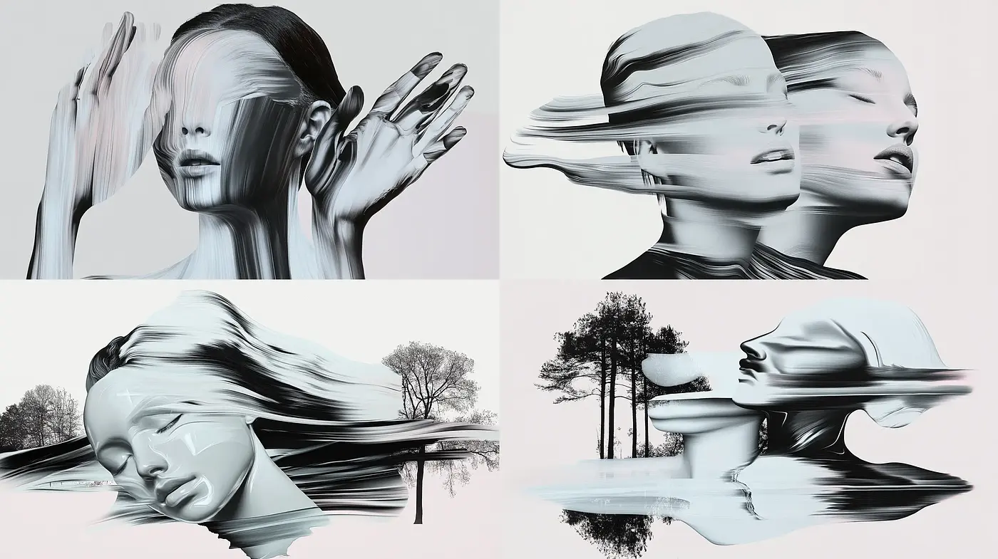 Ethereal Monochrome Portraiture Blending with Surreal Landscapes - Midjourney sref style