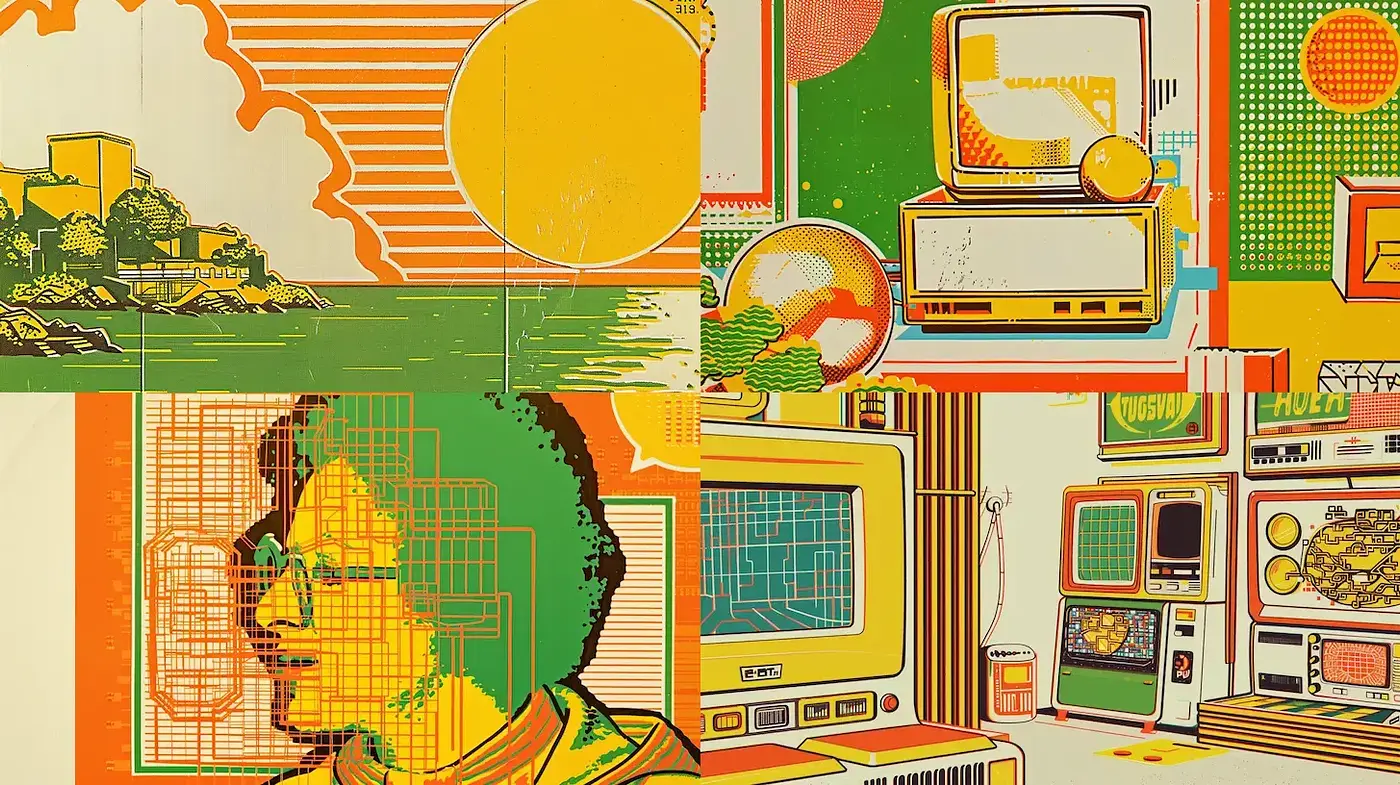 Retrofuturistic Pop Art Fusion with Vibrant Overtones - Midjourney sref style