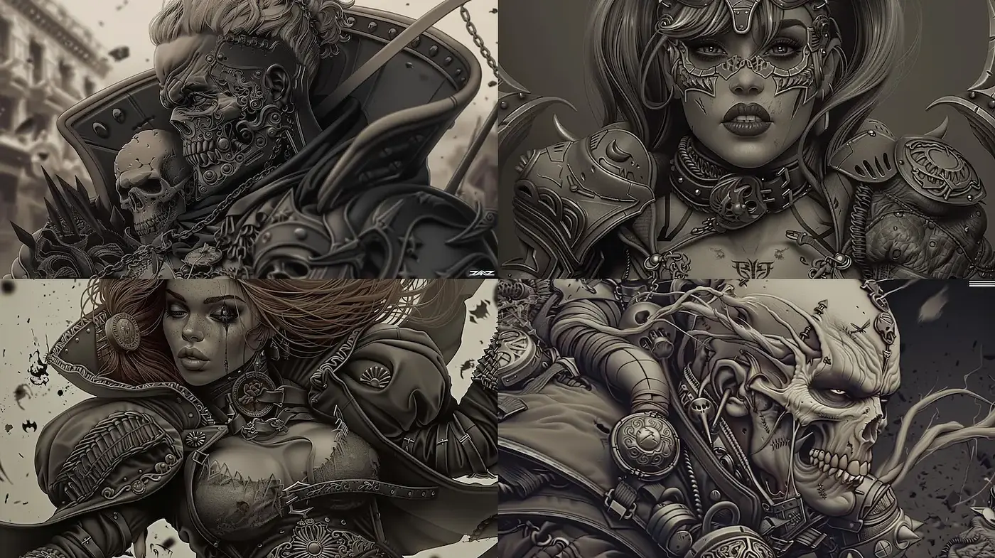 Dark Fantasy Character Art with a Steampunk and Gothic Influence - Midjourney sref style