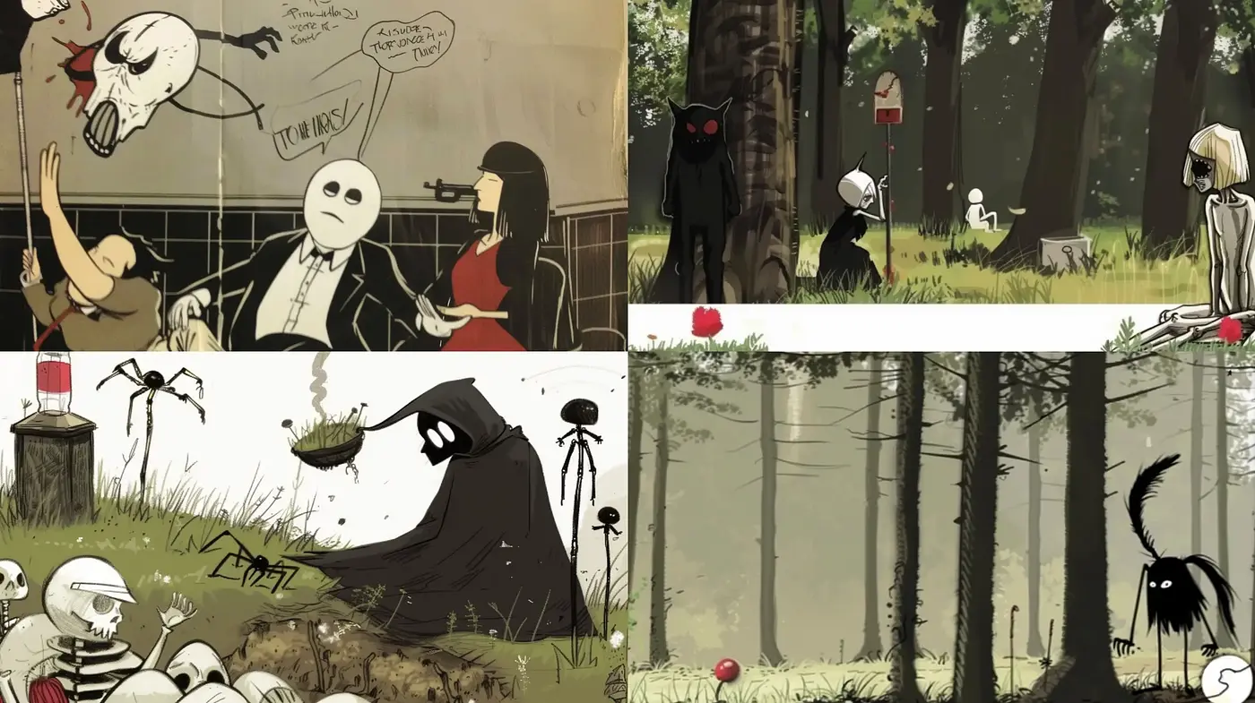 Whimsical Gothic Forest Scenes with Surrealist Undertones - Midjourney sref style