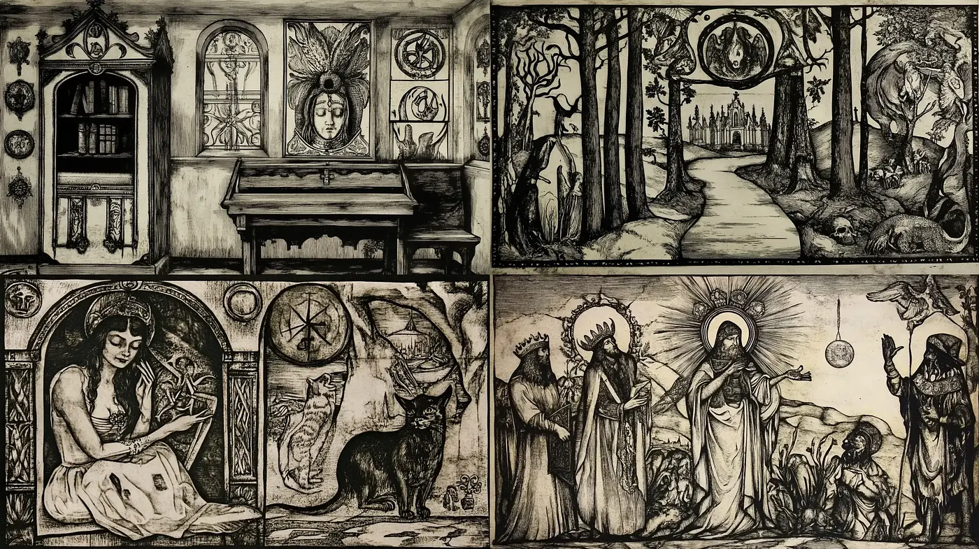 Monochromatic Mystique: A Journey through Stylized Narrative Tableaus - Midjourney sref style