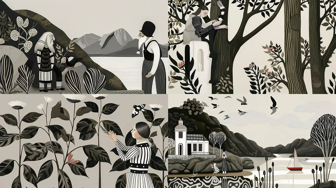 Monochrome Botanical Tapestry: A Blend of Nature and Human Narratives - Midjourney sref style
