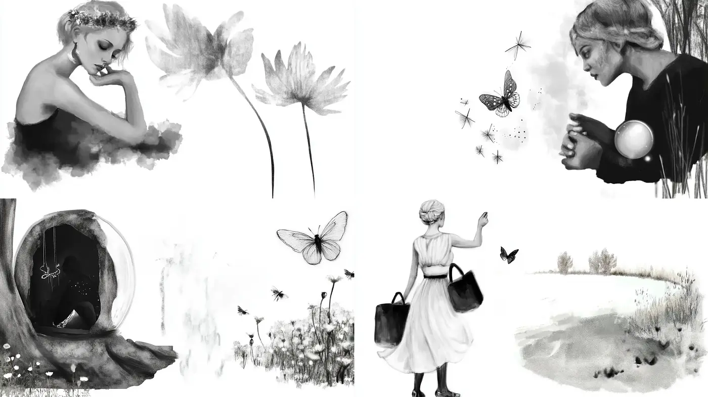 Monochromatic Whimsy: Dreamlike Scenes in Grayscale Watercolor - Midjourney sref style