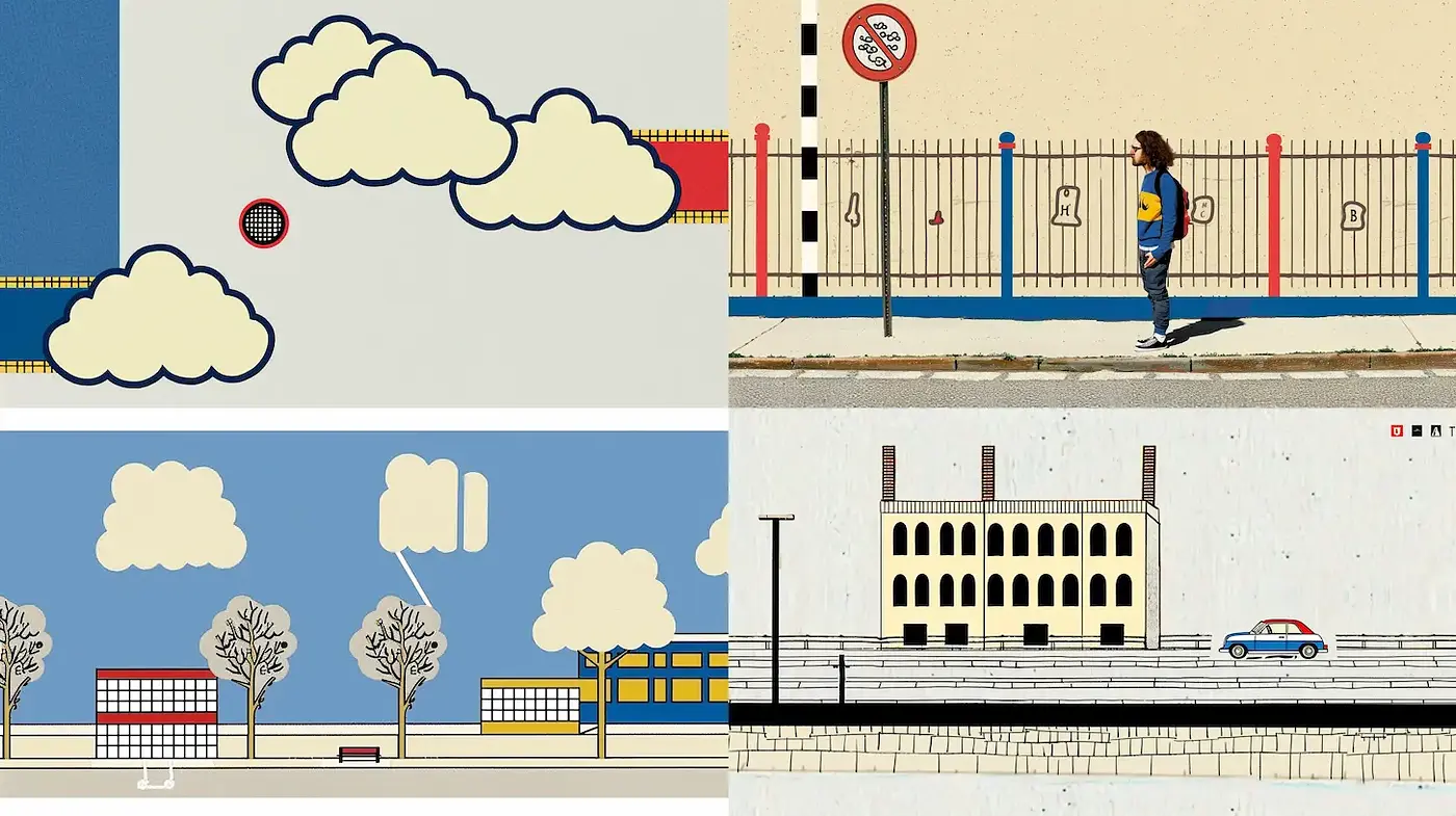 Vibrant and minimalistic urban scenes with playful color and form - Midjourney sref style