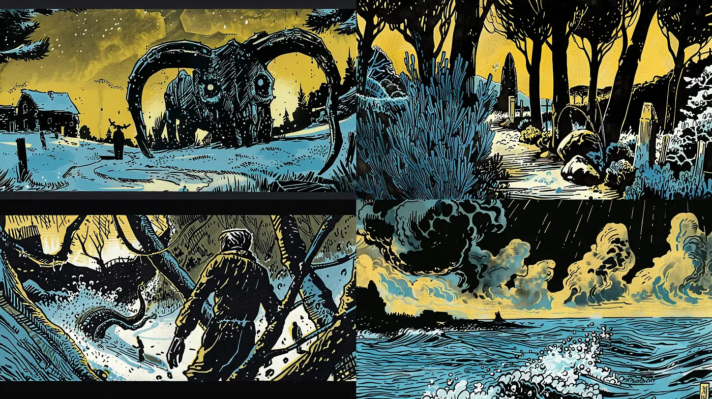 Nocturnal Hues and Comic Book Contours - Midjourney sref style