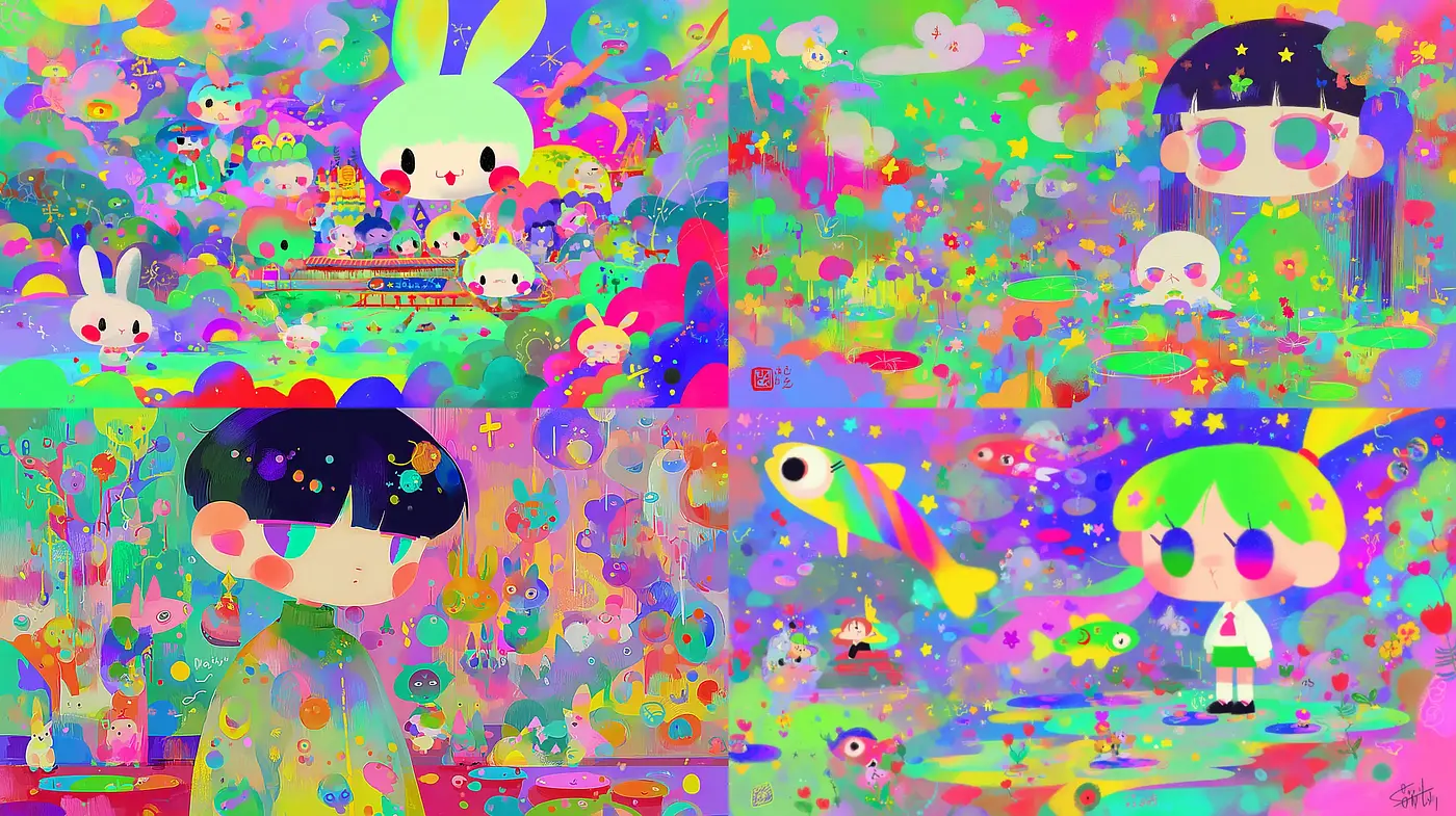 Vibrant and Playful Illustration with Surreal Elements - Midjourney sref style