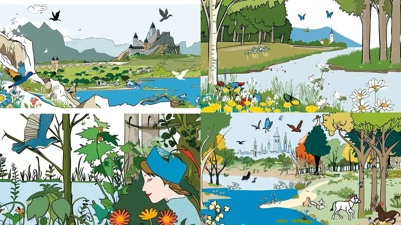 Serene Pastoral Vistas in Stylized Comic-Inspired Artistry - Midjourney sref style
