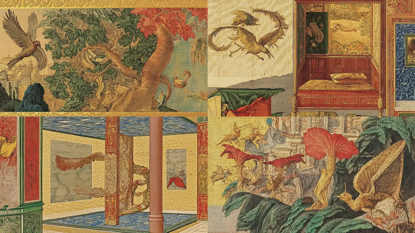 Tapestry Dreams in Painted Halls: A Homage to Classical Frescoes and Wall Textiles - Midjourney sref style