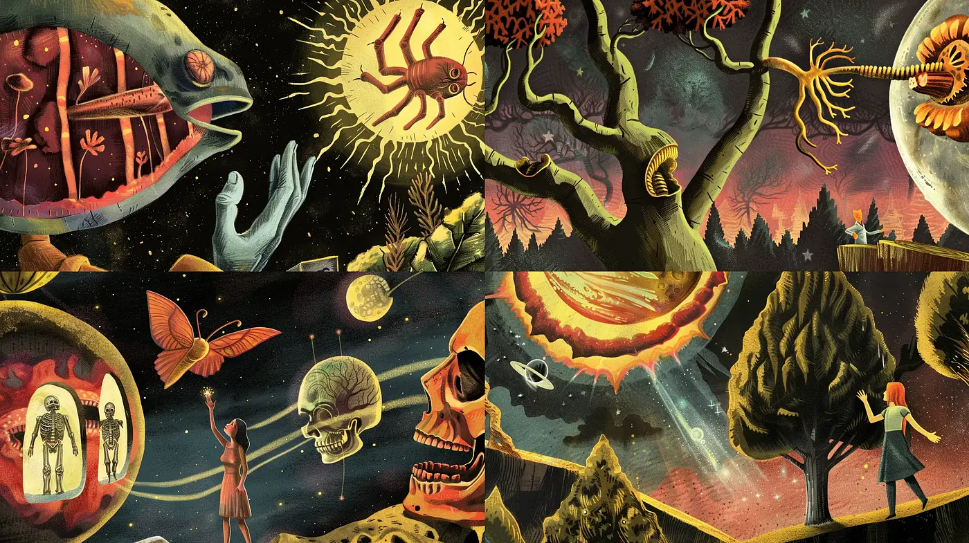 Surreal Cosmic Tapestry in Earthy Tones - Midjourney sref style