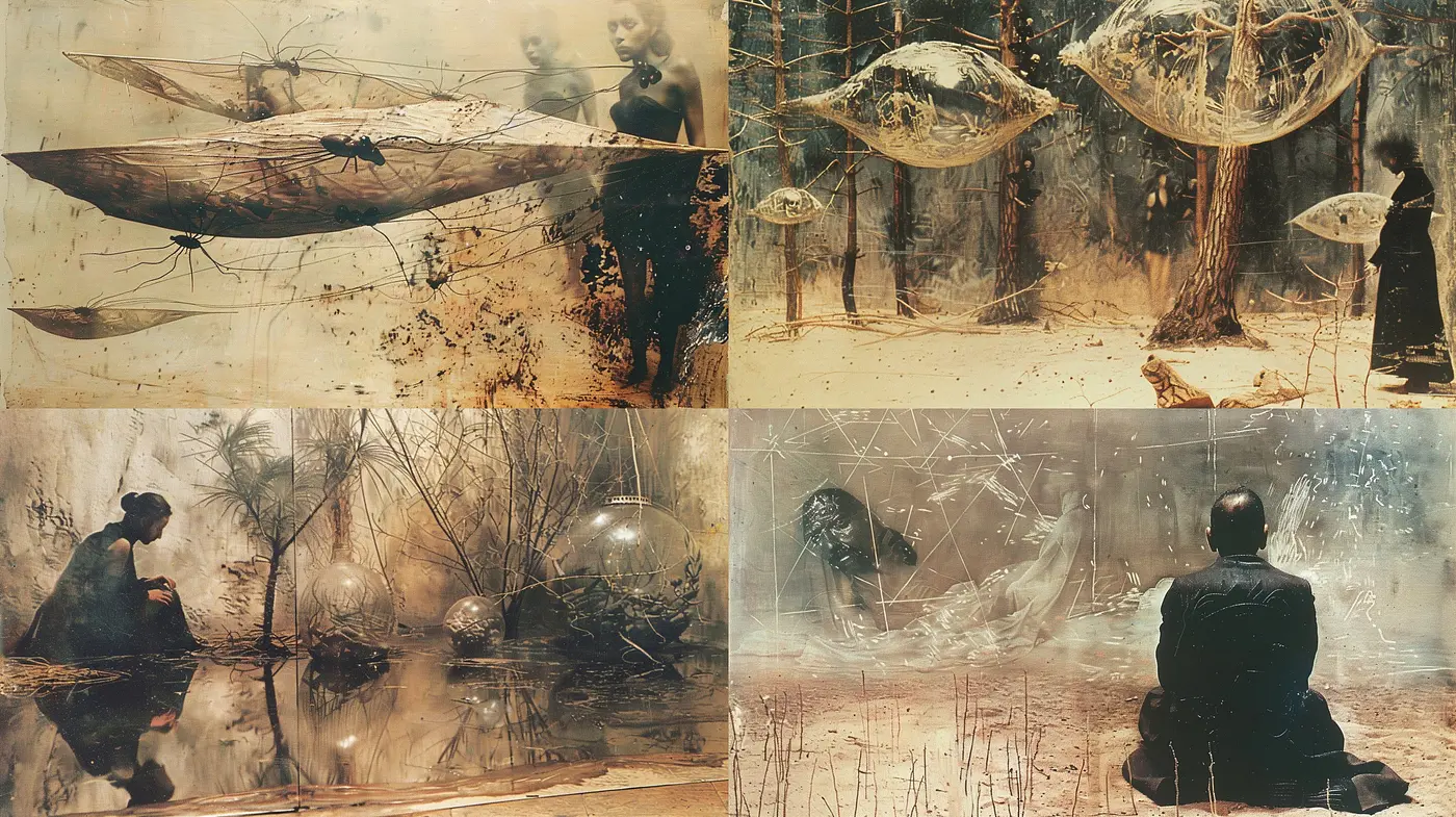 Ethereal Dreamscape: A Synchrony of Surrealism and Sepia Tones - Midjourney sref style