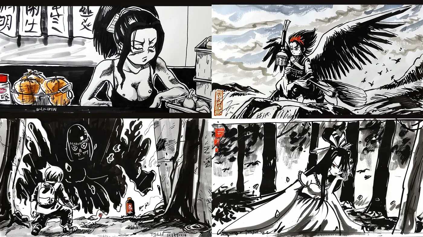 Monochromatic Ink Wash: A Fusion of Manga Dynamism and Traditional Sumi-e - Midjourney sref style