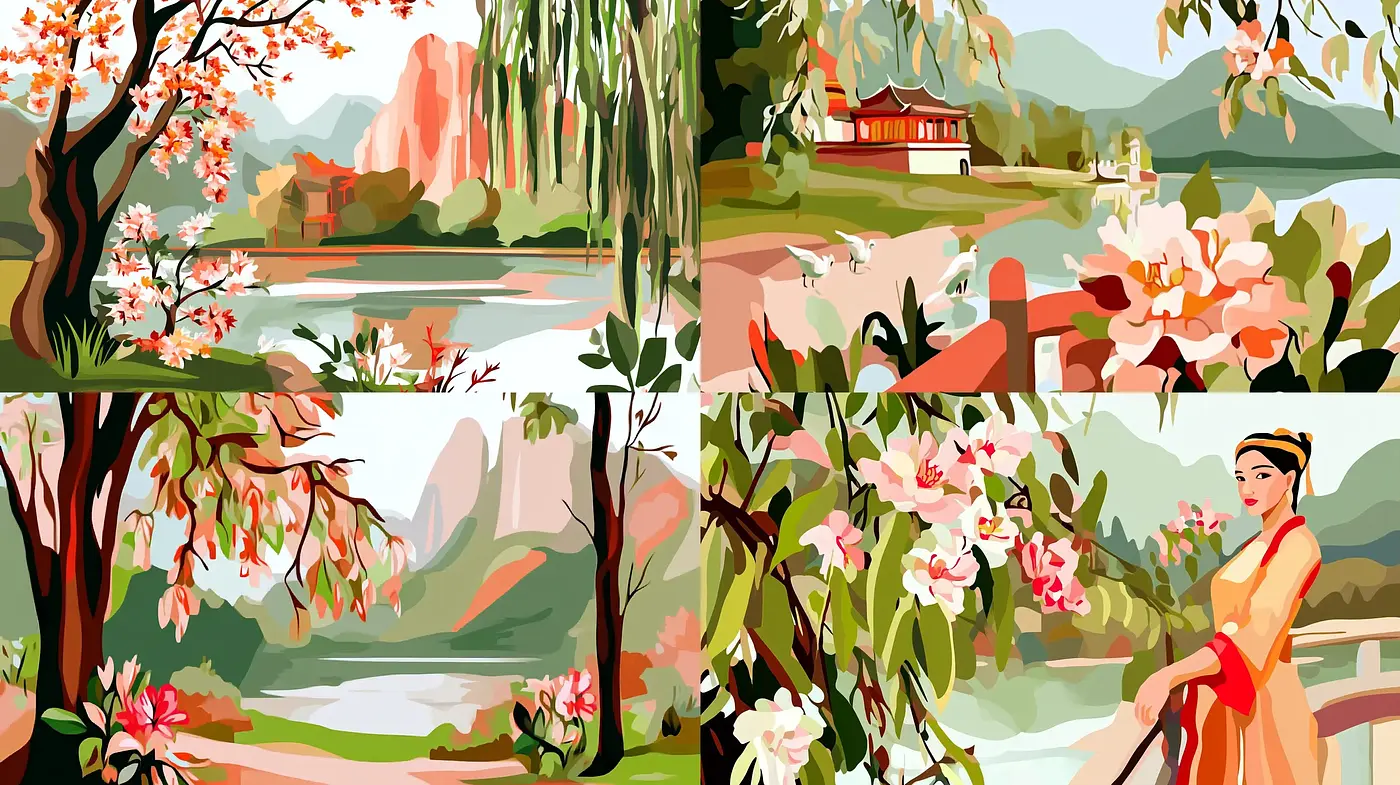 Serene Elegance in Modernized Traditional East Asian Scenes - Midjourney sref style