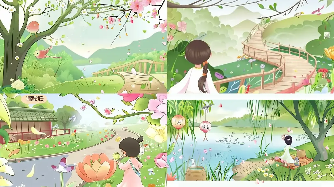 Lush pastoral landscapes with whimsical elements in a serene atmosphere - Midjourney sref style