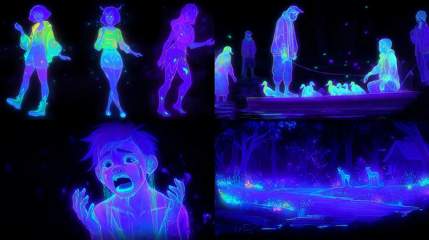Vibrant Neon-Infused Surrealistic Style with Emotional Undertones - Midjourney sref style