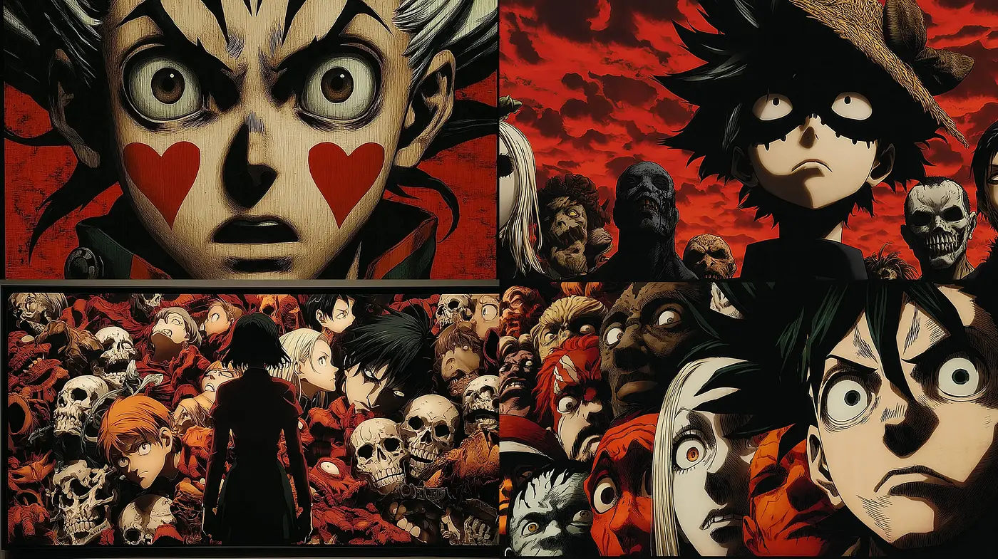 Dynamic and expressive anime-inspired visuals with dark undertones - Midjourney sref style