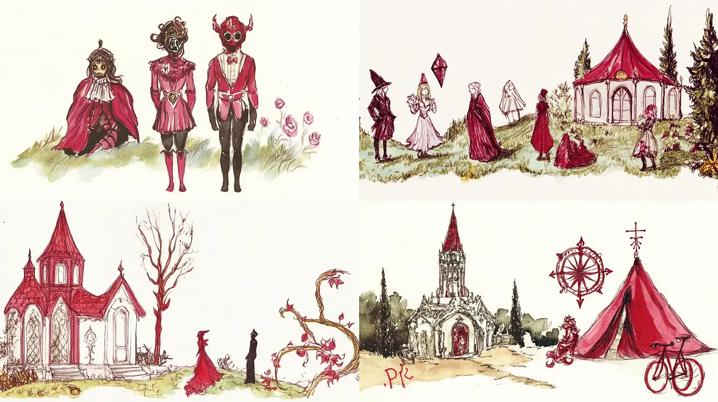 Whimsical Storybook Illustrations with Red Accents - Midjourney sref style