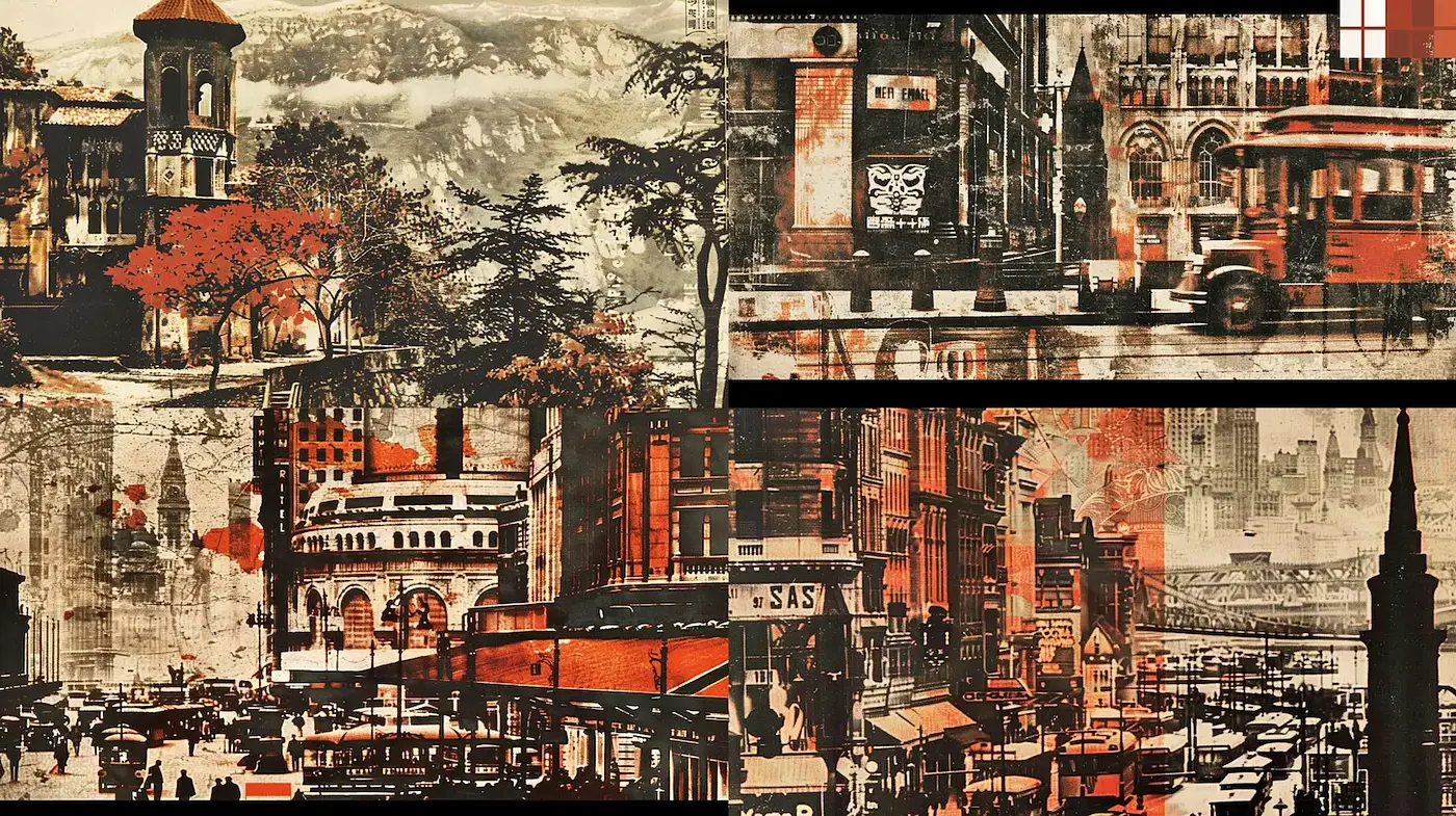 Dynamic Urban Collage with Vintage Aesthetics and Textural Depth - Midjourney sref style