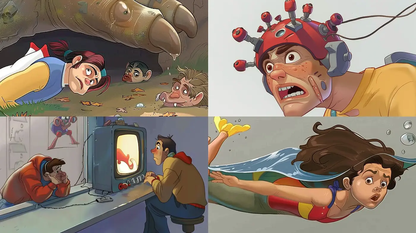 Vibrant Narrative Illustration with Dynamic Expressions and Fluid Motion - Midjourney sref style