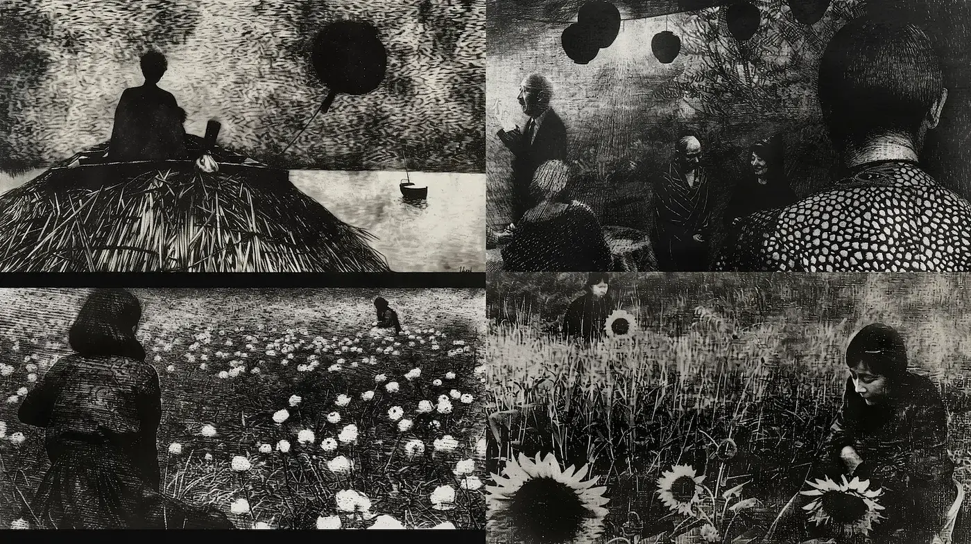 Aesthetic Exploration of Nature and Solitude with Textured Monochrome References - Midjourney sref style