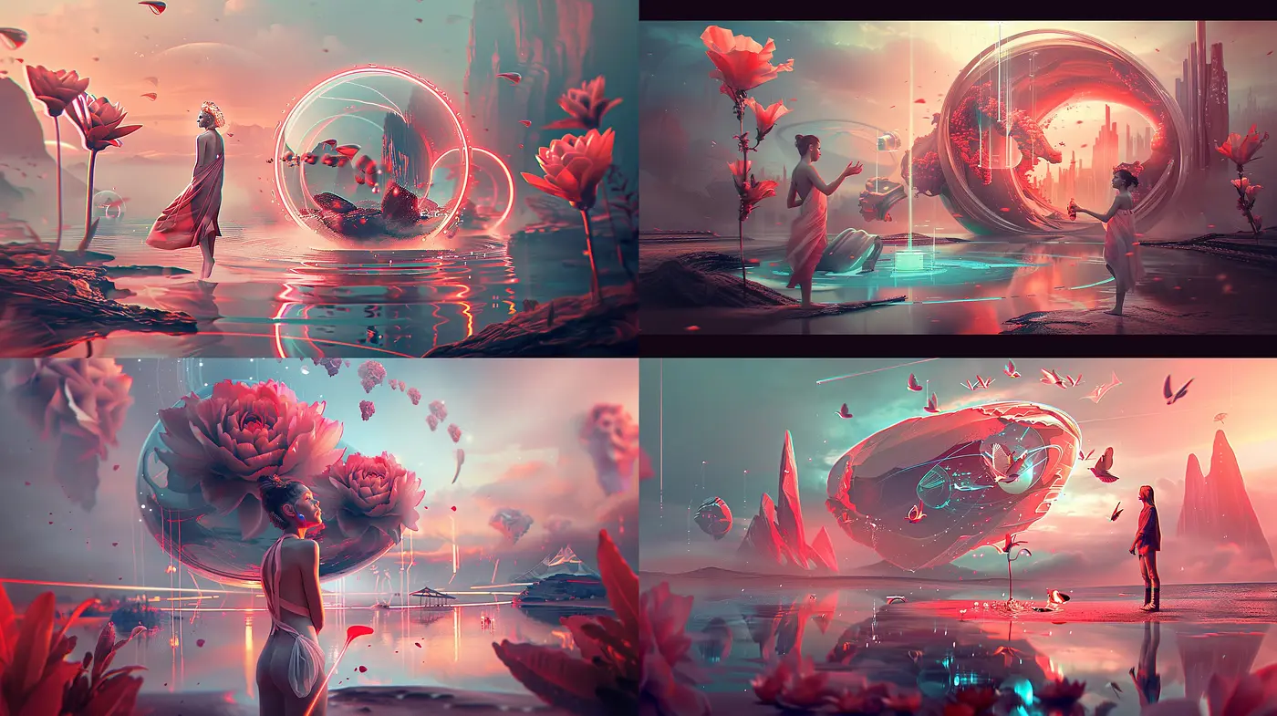 Ethereal Crimson Dreamscape: A Synthesis of Surrealism and Digital Fantasy - Midjourney sref style