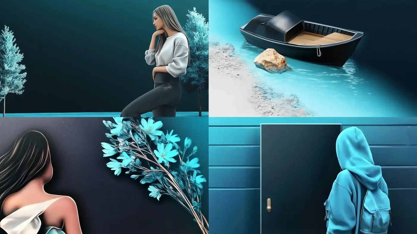 Contemporary Serenity in Teal and Midnight Blue - Midjourney sref style
