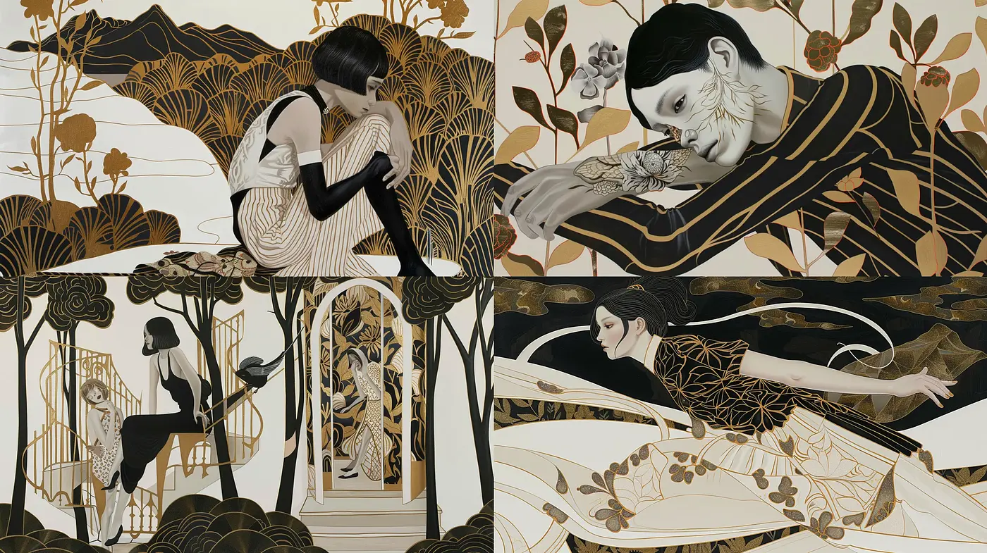 Art Nouveau Elegance with Ethereal Gold and Black Overtones - Midjourney sref style
