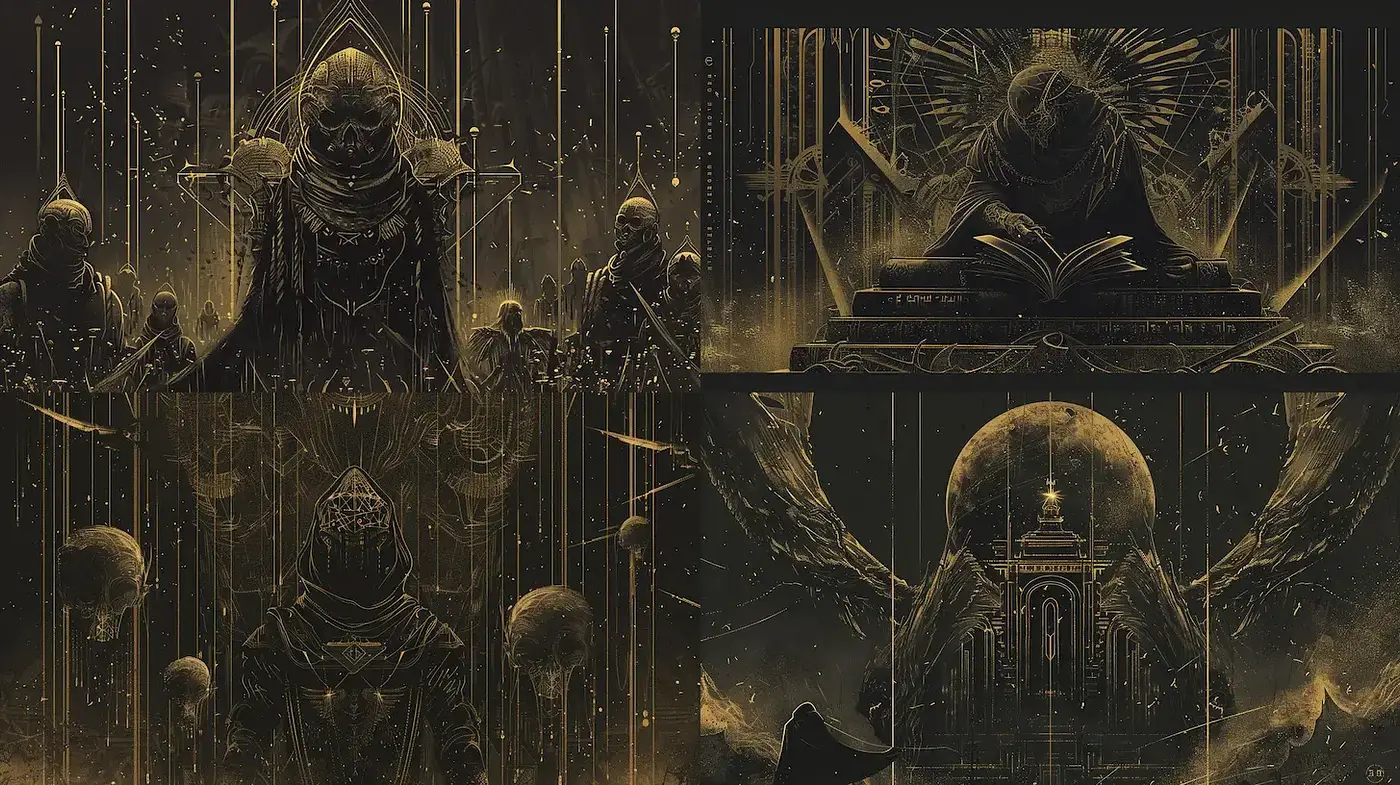 Darkly Elegant Mythical Imagery with Intricate Golden Accents - Midjourney sref style