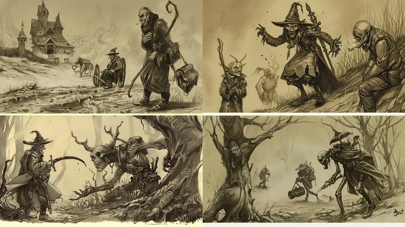 Monochromatic Fantasy Quest in Sepia Sketch Style - Midjourney sref style