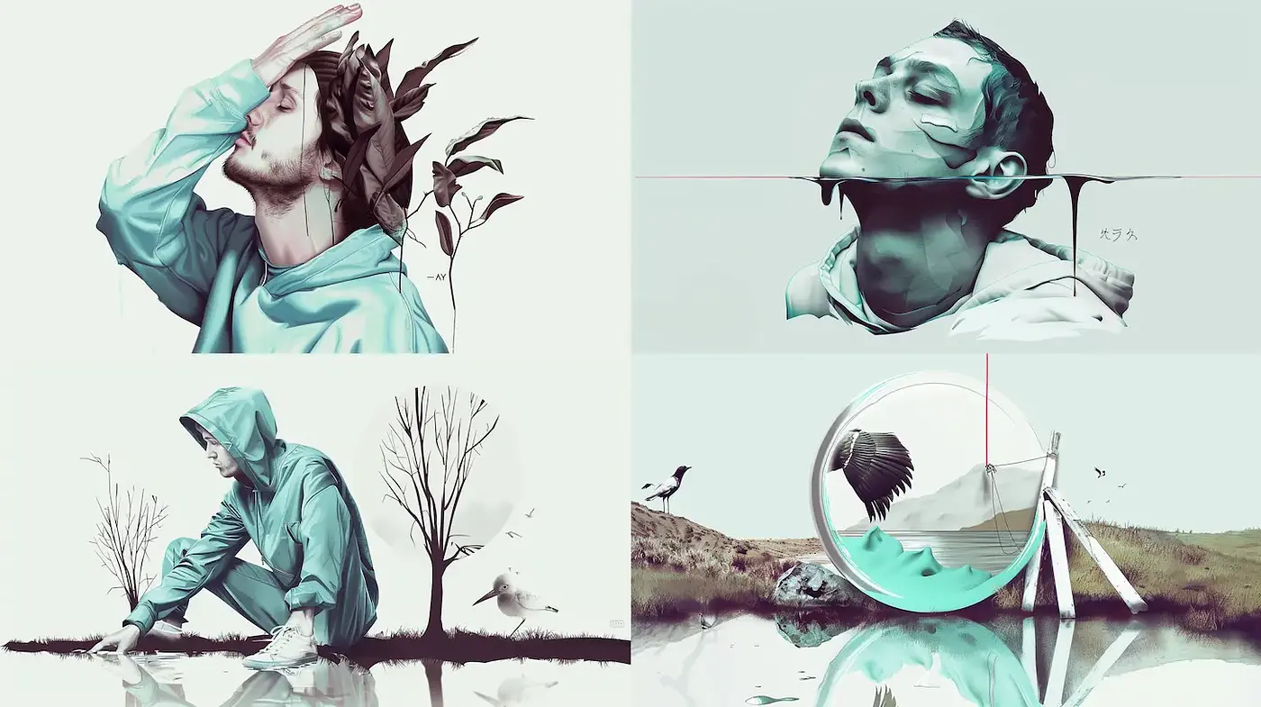 Contemporary Surrealism with a Touch of Nature and Digital Aesthetics - Midjourney sref style
