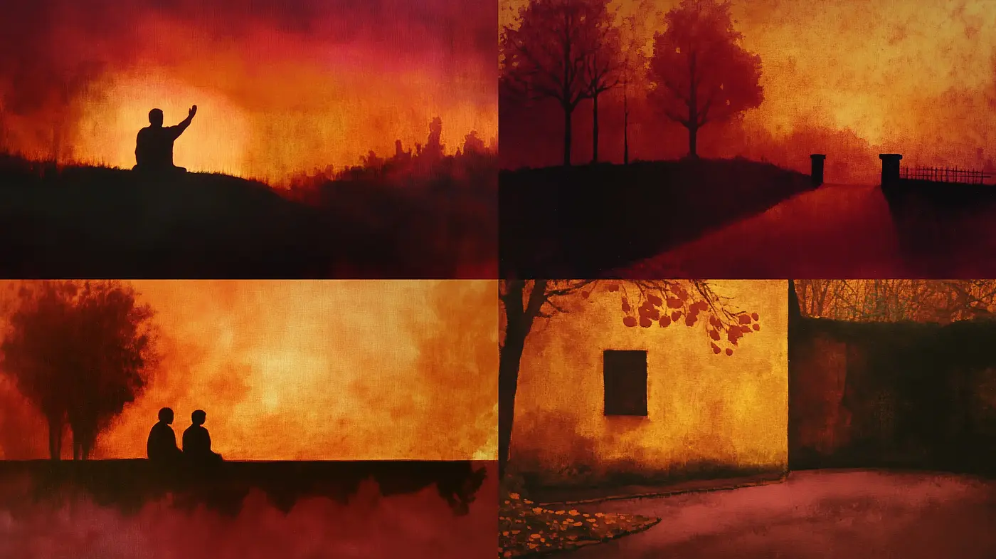 Warm Hues Fusion of Nostalgic Sunset Silhouettes - Midjourney sref style