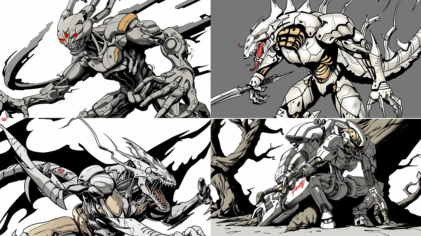 Dynamic Mecha Artistry with a Sharp, Graphic Novel Edge - Midjourney sref style