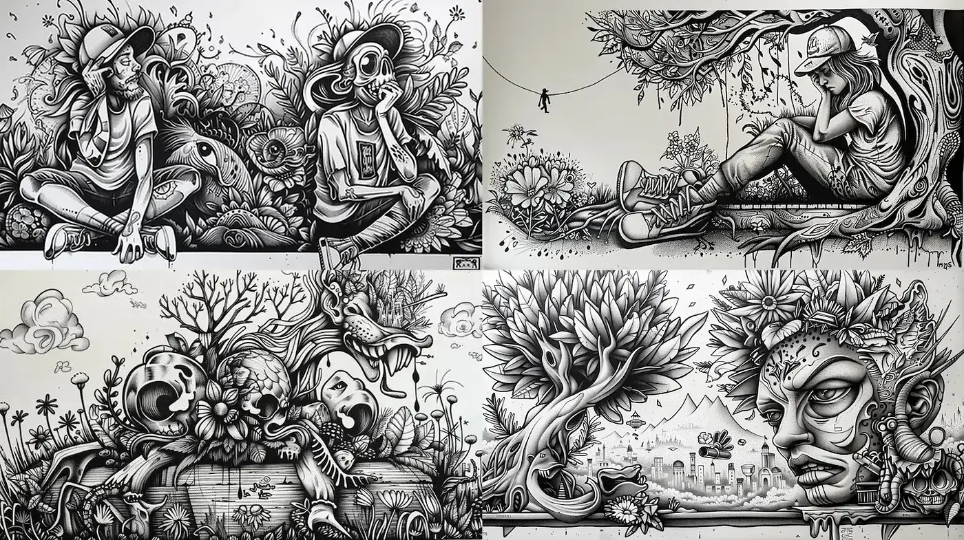 Intricate monochrome street art with botanical elements and urban influences - Midjourney sref style
