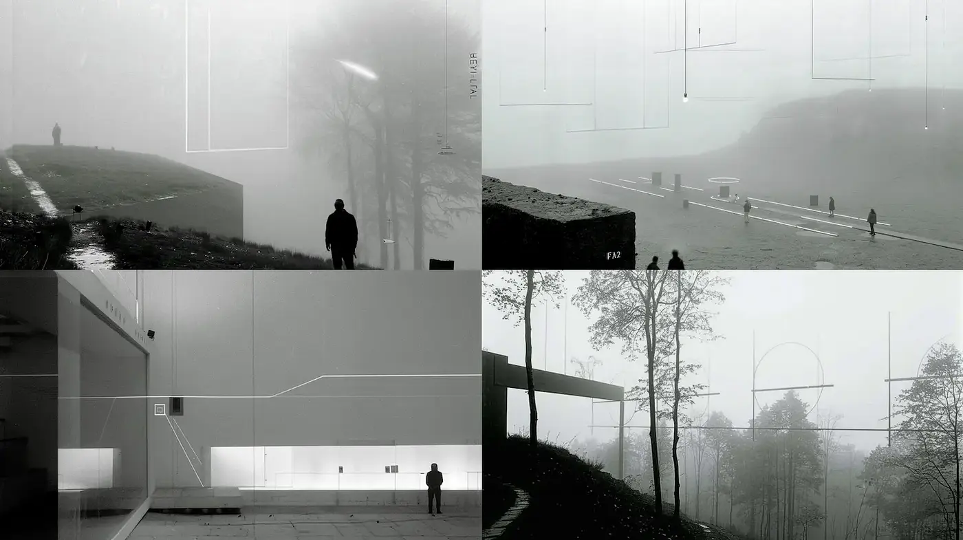 Mysterious Minimalism with a Futuristic Edge in Monochrome Landscapes - Midjourney sref style
