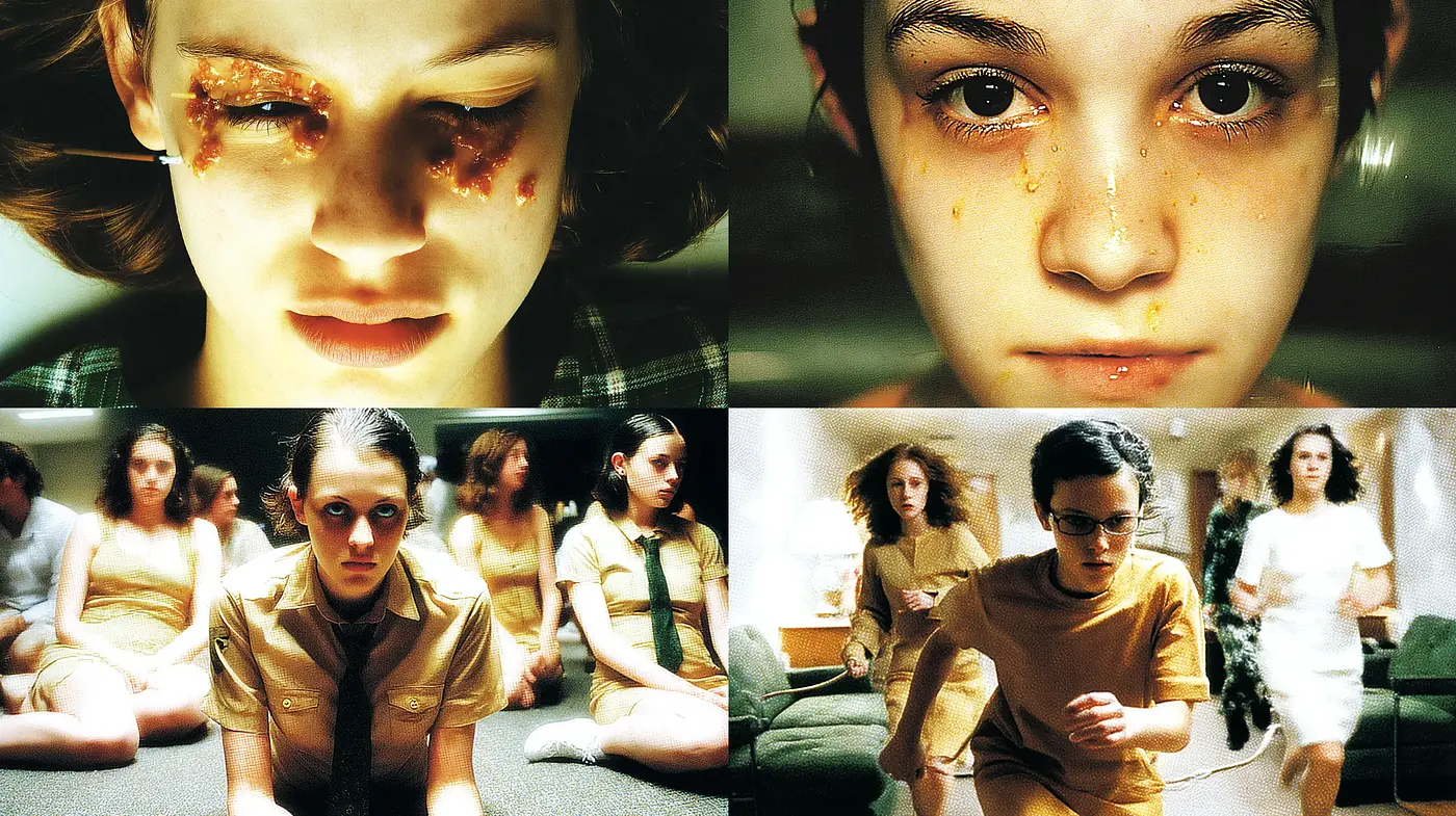 Surreal and emotionally charged cinematographic style with a focus on close-up portraits and group dynamics - Midjourney sref style