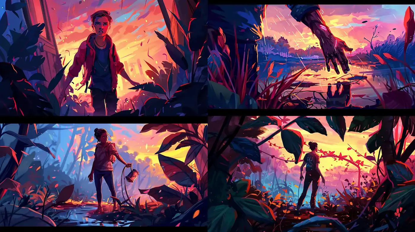 Dynamic Narrative with Lush Environments and Vivid Emotions - Midjourney sref style