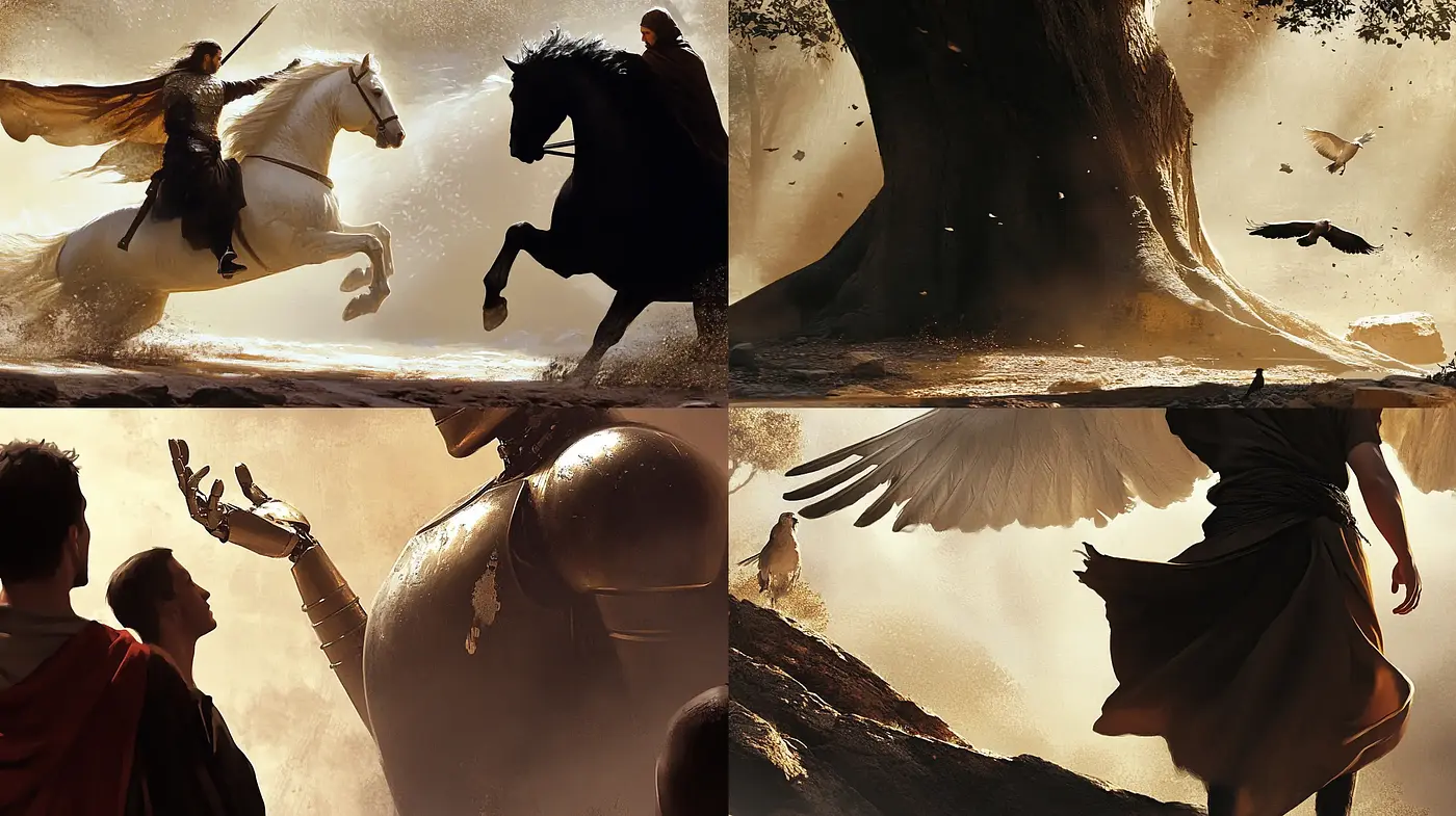 Epic Mythical Dawn: A Warm Tonal Journey in Digital Artistry - Midjourney sref style