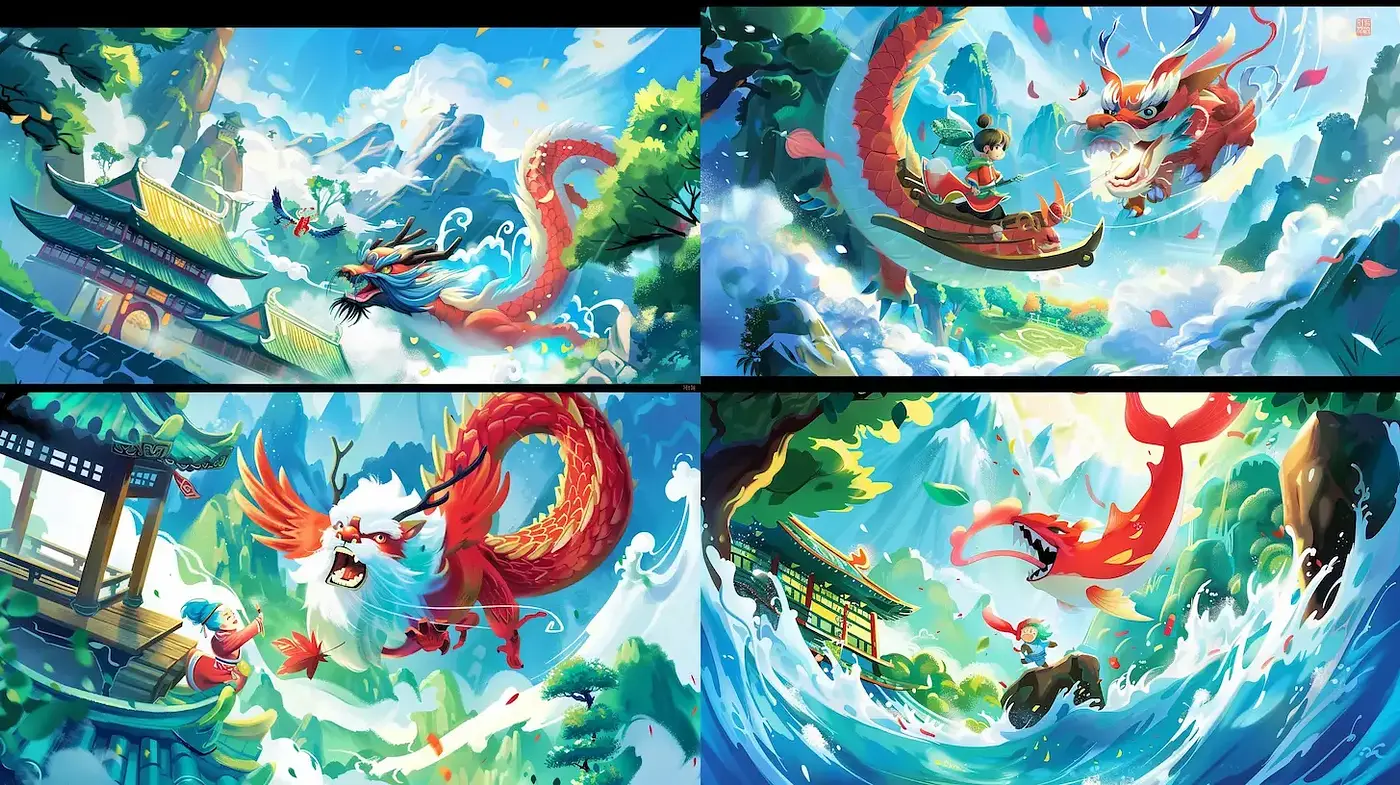 Vibrant and Dynamic Fantasy Landscape with Mythical Creatures - Midjourney sref style
