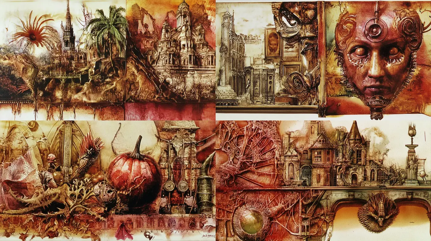 Surreal Steampunk Tapestry: A Fusion of Industrial Fantasy and Aged Elegance - Midjourney sref style