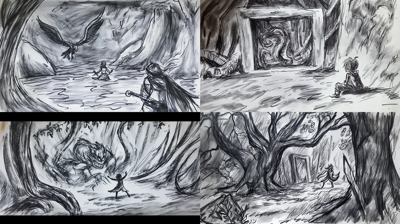Monochromatic Whimsical Sketches: An Exploration of Surreal Fantasy through Pen and Ink - Midjourney sref style