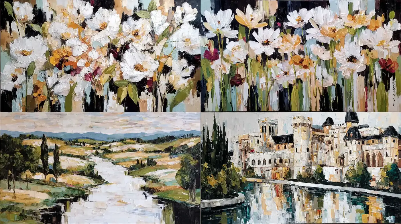 Vibrant Impressionistic Landscapes and Floral Scenes with a Touch of Whimsy - Midjourney sref style