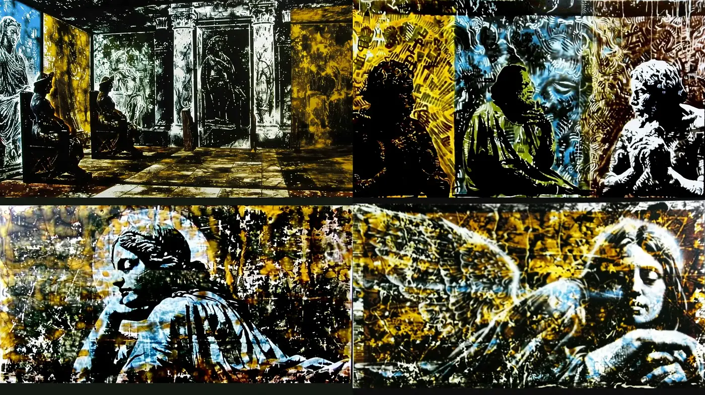 Gritty Textural Contrast: A Fusion of Street Art Realism and Impressionistic Noir - Midjourney sref style